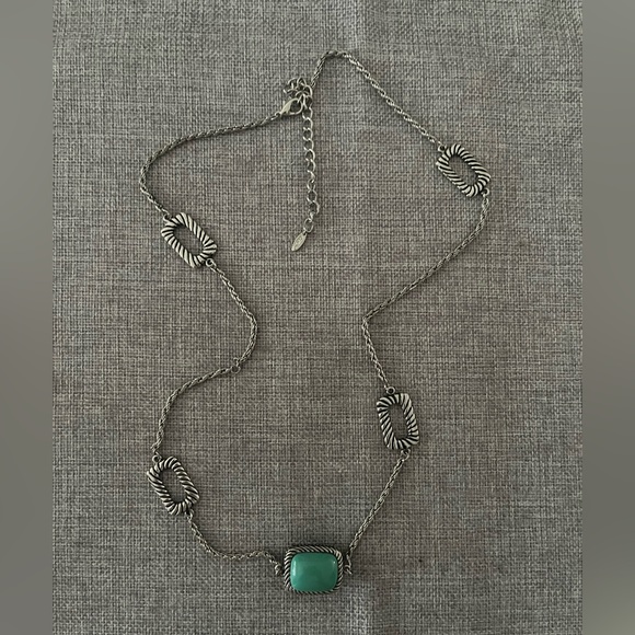 Silver Tone Long Station Necklace with Turquoise Square Pendant - Picture 3 of 5